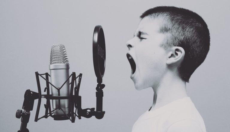 a child sings in front of a microphone
