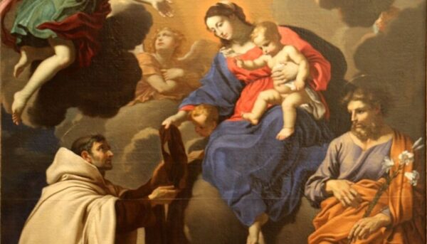 Our Lady of Mount Carmel gives the scapular to St. Simon Stock.